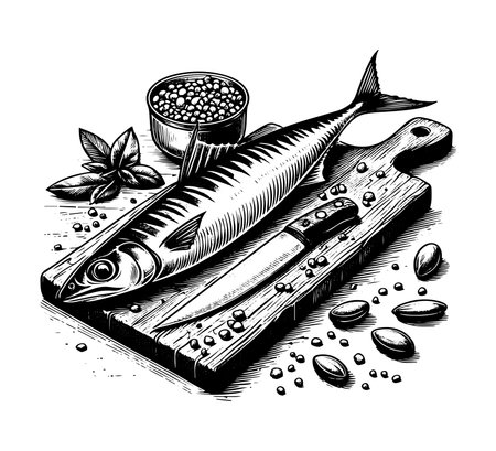 Sardines on a cutting board. Engraved style vector illustration.のイラスト素材