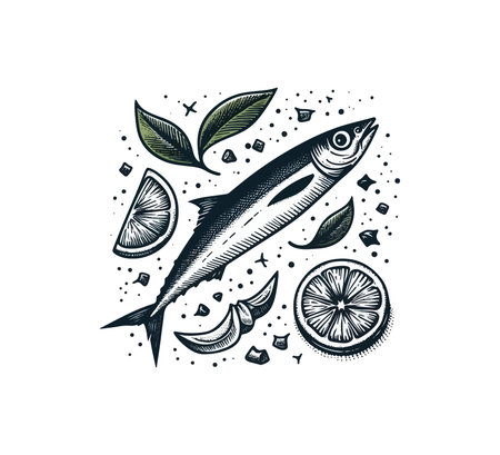 Sardine with lemon, lime and leaves. Hand drawn vector illustrationのイラスト素材