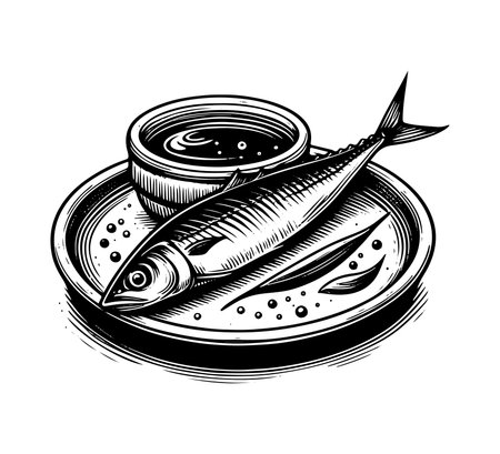 Sardine and sauce in a plate. Hand drawn vector illustrationのイラスト素材