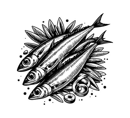 Sardines. Black and white vector illustration in sketch style.のイラスト素材