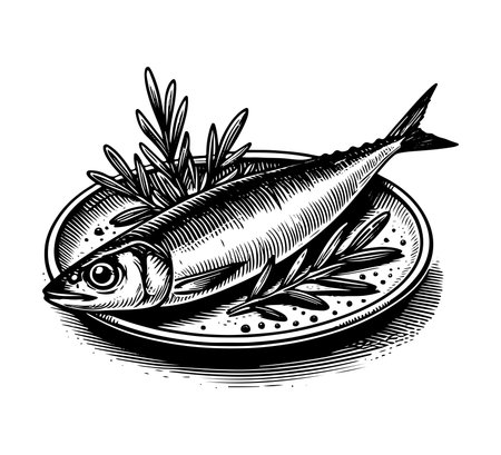 Sardine with rosemary on the plate. Vector illustration.のイラスト素材