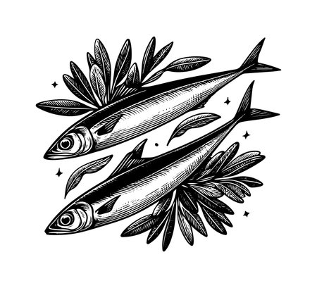 Sardines with leaves. Hand drawn vector illustration. Engraved style.のイラスト素材