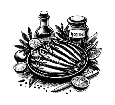Sardines with lemon, olive oil, herbs and spices in vintage engraved style. Vector illustration.のイラスト素材
