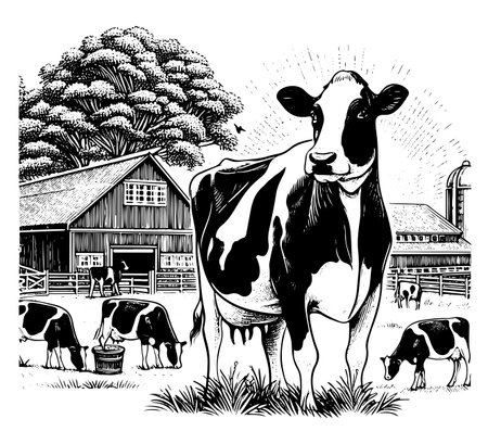 holstein friesian cattle farm hand drawn illustration milk cow vectorのイラスト素材