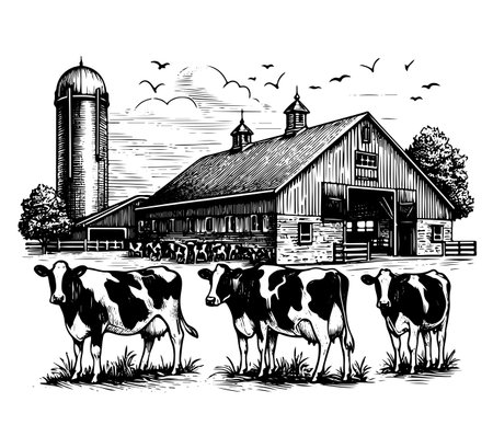 holstein friesian cattle farm hand drawn illustration milk cow vectorのイラスト素材