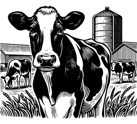 holstein friesian cattle farm hand drawn illustration milk cow vectorのイラスト素材