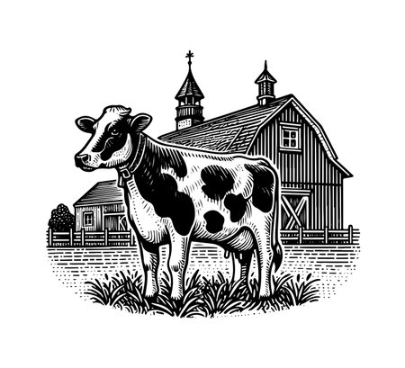 holstein friesian cattle farm hand drawn illustration milk cow vectorのイラスト素材