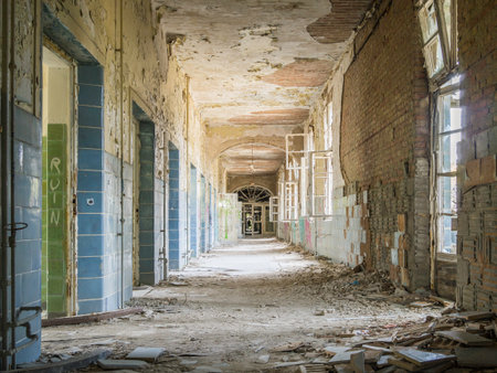Abandoned old corridor in hospital with windows and doors - hdrの写真素材