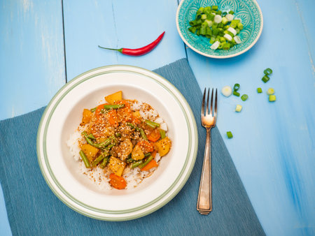 Kare Raisu.Japanese vegetarian curry with jasmine rice - top viewの写真素材