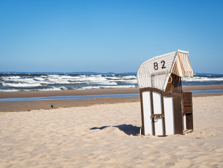 Beach chair in the sunshine on the beach of Bansin, Usedom at summer time - copy spaceの写真素材