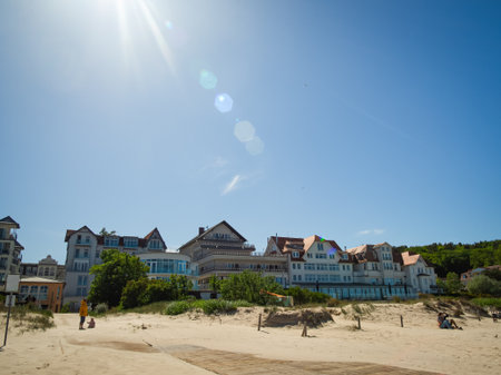 Beautiful beach at Bansin with sun reflection on the island of Usedom, Germany - copy spaceの写真素材