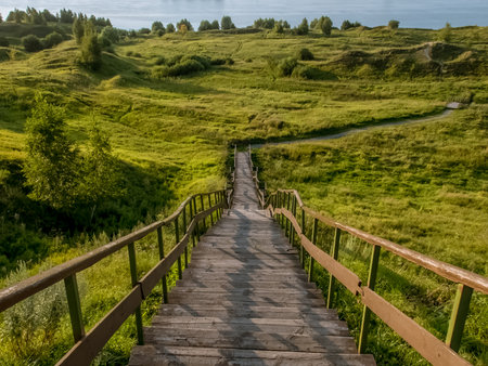 Long stair with vegetation and cloudy skyの写真素材