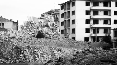 Earthquake damage in a city. Destroyed buildings after an earthquake. Collapsed buildings. Ruined city because of war. Airstrike damages a city. Urban transformation concept. Selective focus includedの写真素材