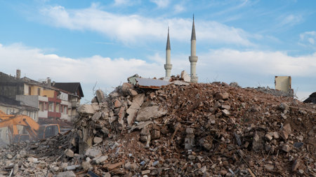 Earthquake damage in a city. Destroyed buildings after an earthquake. Collapsed buildings. Ruined...