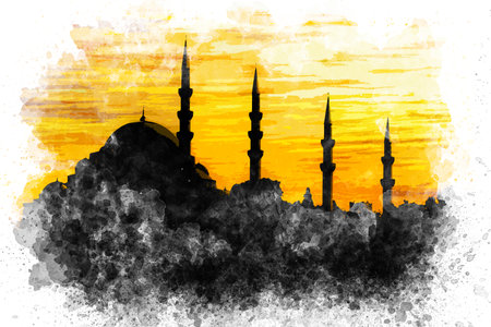 Watercolor painting of mosque. Silhouette of a mosque at sunset in Istanbul. Istanbul landscape watercolor art.の写真素材