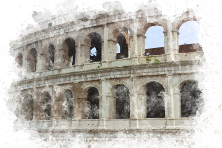 Watercolor illustration of Colosseum in Rome. Interior view of Colosseum in Rome Italy. Travel to Italy concept. Famous touristic places in Italyの写真素材