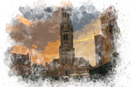 Watercolor painting of Bruges cityscape. Belfry of Bruges low angle view. Bruges view at sunset. Watercolor painting illustrationの写真素材
