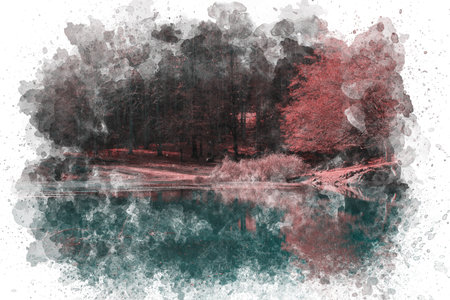 Autumn nature watercolor illustration background for canvas printable artwork. Beautiful atmosphere of relaxation and tranquility. Serene autumn forest sceneの写真素材