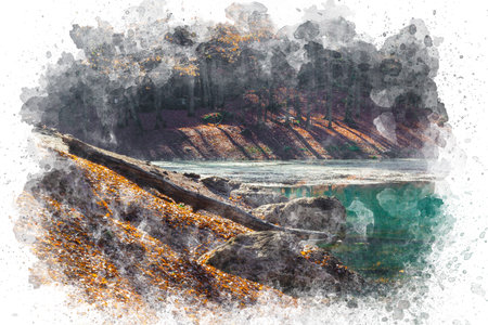 Autumn nature watercolor illustration background for canvas printable artwork. Beautiful atmosphere of relaxation and tranquility. Serene autumn forest sceneの写真素材