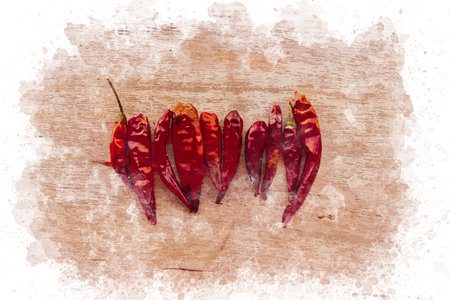 Watercolor painting of red peppers. Group of red cayenne peppers watercolor illustration artistic...