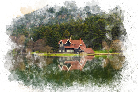 Green wooden house by the lake watercolor illustration background. Beautiful atmosphere of house and lake in forest. Watercolor drawing for printable canvas.の写真素材
