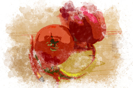 Watercolor painting of red vegetables top view. Watercolor painting of red pepper, tomato and chili pepper.の写真素材