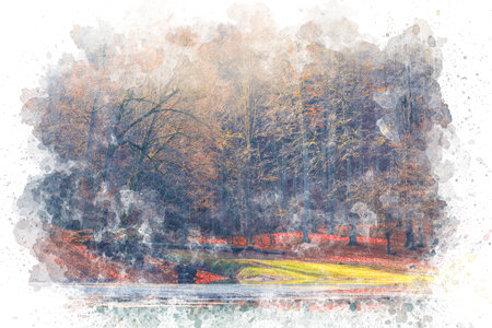 Autumn nature watercolor illustration background for canvas printable artwork. Beautiful atmosphere of relaxation and tranquility. Serene autumn forest sceneの写真素材
