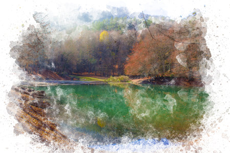 Autumn nature watercolor illustration background for canvas printable artwork. Beautiful atmosphere of relaxation and tranquility. Serene autumn forest sceneの写真素材