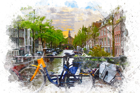 Watercolor painting of Amsterdam cityscape. Beautiful view of Amsterdam canal watercolor illustration artworkの写真素材
