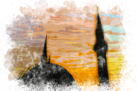 Watercolor painting of mosque. Silhouette of a mosque at sunset in Istanbul. Istanbul landscape watercolor artの写真素材