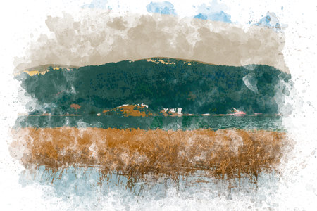 Watercolor art Abant lake landscape in Turkey. Watercolor painting of nature, lake, mountain. Bolu Abant Turkeyの写真素材