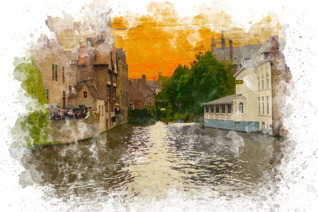 Watercolor painting of Bruges cityscape. Travel to Bruges Belgium concept. Bruges view at sunset. Watercolor painting illustrationの写真素材