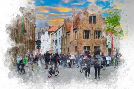 Watercolor painting of Bruges cityscape. Travel to Bruges Belgium concept. Bruges view at sunset. Watercolor painting illustrationの写真素材