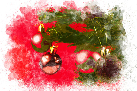 Watercolor painting of Christmas tree and shiny Christmas decorations on red backgroundの写真素材