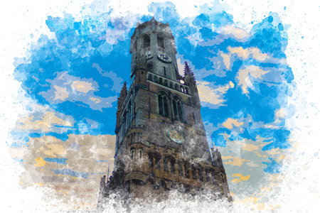Watercolor painting of Bruges cityscape. Belfry of Bruges low angle view. Bruges view at sunset. Watercolor painting illustrationの写真素材