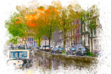 Watercolor painting of Amsterdam cityscape. Beautiful view of Amsterdam canal watercolor illustration artworkの写真素材