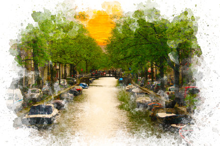 Watercolor painting of Amsterdam cityscape. Beautiful view of Amsterdam canal watercolor illustration artwork.の写真素材