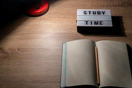 Study table. Study concept on a wooden desk high angle view. Back to school concept. Selective focus...