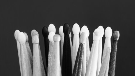 Group of drumsticks close up view. International drum month concept. Copy space for text.