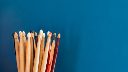 Group of drumsticks close up view. International drum month concept. Copy space for text.の写真素材