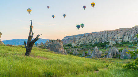Cappadocia Turkey. Hot air balloons flying over fairy chimneys at sunrise in Cappadocia. Travel to Turkey. Touristic landmarks of Turkiye. Selective focus included.の写真素材