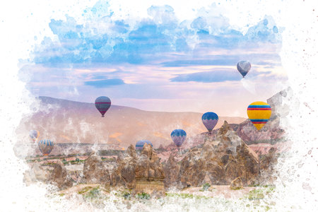 Watercolor painting of Cappadocia Turkey. Hot air balloons flying over fairy chimneys in Cappadocia Nevsehir.の写真素材