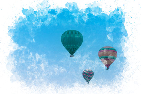 Watercolor painting of Cappadocia Turkey. Hot air balloons flying over fairy chimneys in Cappadocia Nevsehir.の写真素材