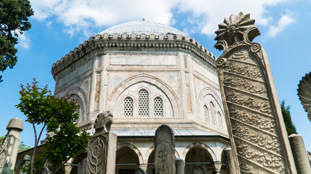 Mausoleum of Sultan Suleyman the Magnificent in Istanbul Turkey. Kanuni Sultan Suleyman Turbesi is located inside the Suleymaniye Mosque complex. Selective focus included.の写真素材