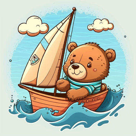 Vector cartoon illustration of cute bear sailing on sailboat with cartoon styleのイラスト素材