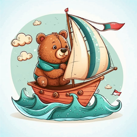 Vector cartoon illustration of cute bear sailing on sailboat with cartoon styleのイラスト素材