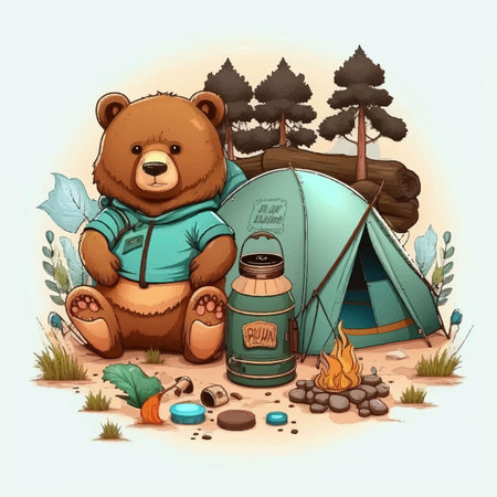 Vector illustration of cartoon bear with camping elements  for kidsのイラスト素材
