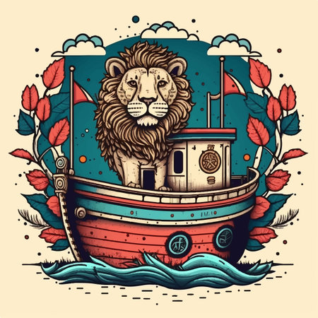 Cute cartoon lion on a sailing ship vector illustrationのイラスト素材