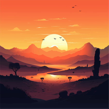 Beautiful sunset in the mountains. Landscape. Vector illustration.のイラスト素材