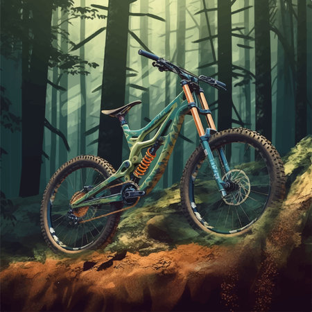 downhill bike illustration on in forest backgroundのイラスト素材